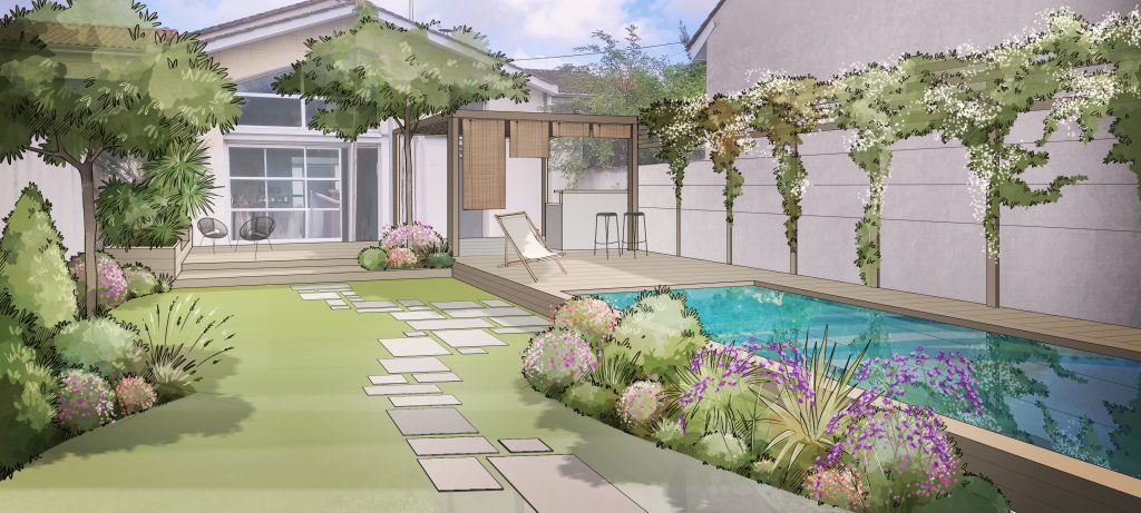 projet de conception à Bordeaux avec piscine, pergola et et terrasse